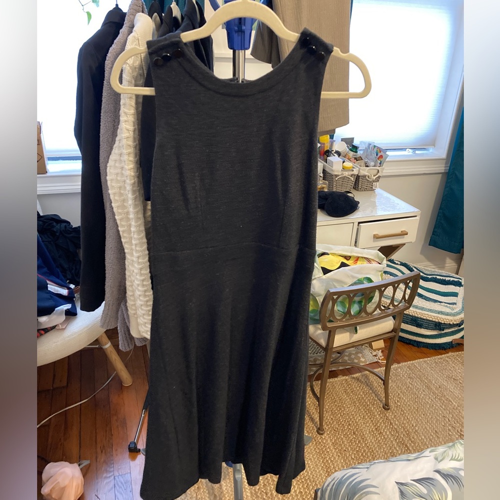 Loft Button Shoulder Stretch Knit Shift Flare Dress Gray/Black - SIZE 4